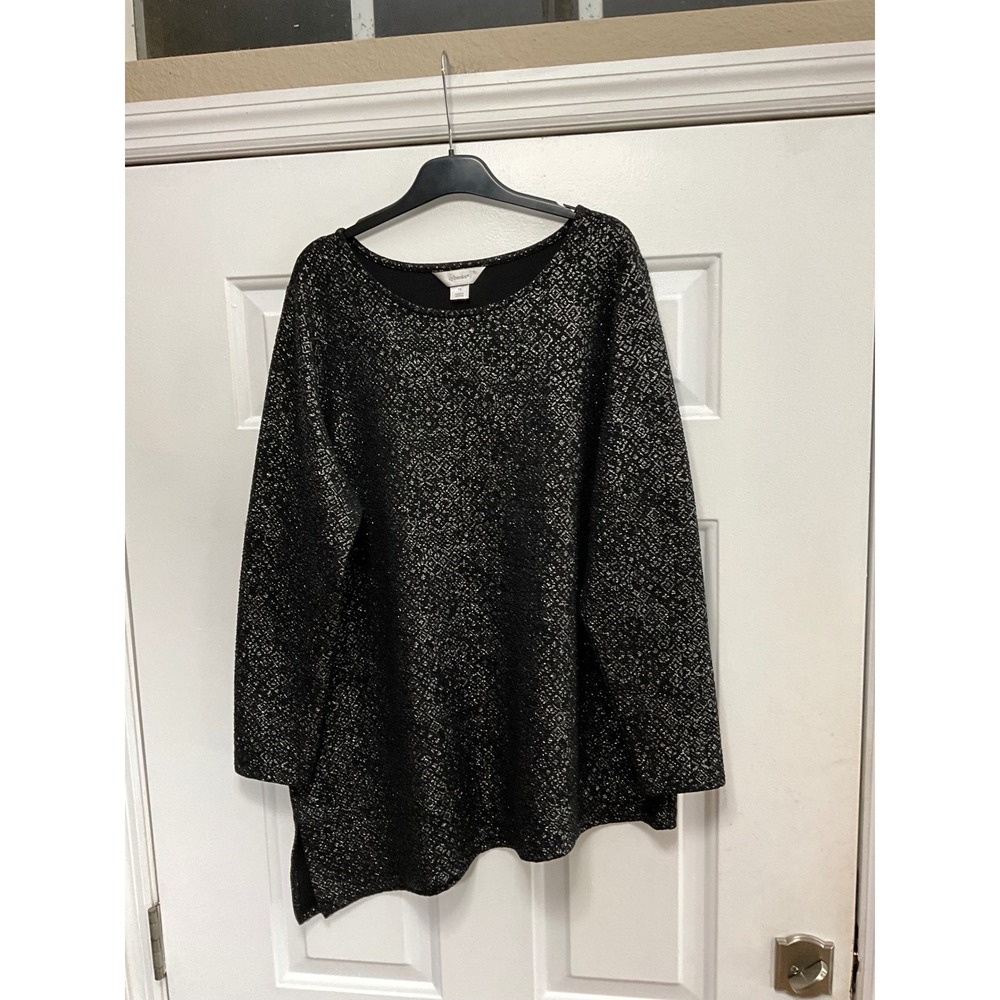 Cj Banks Womens 1X Black Silver Metallic Asymmetrical Sharkbite Tunic Top